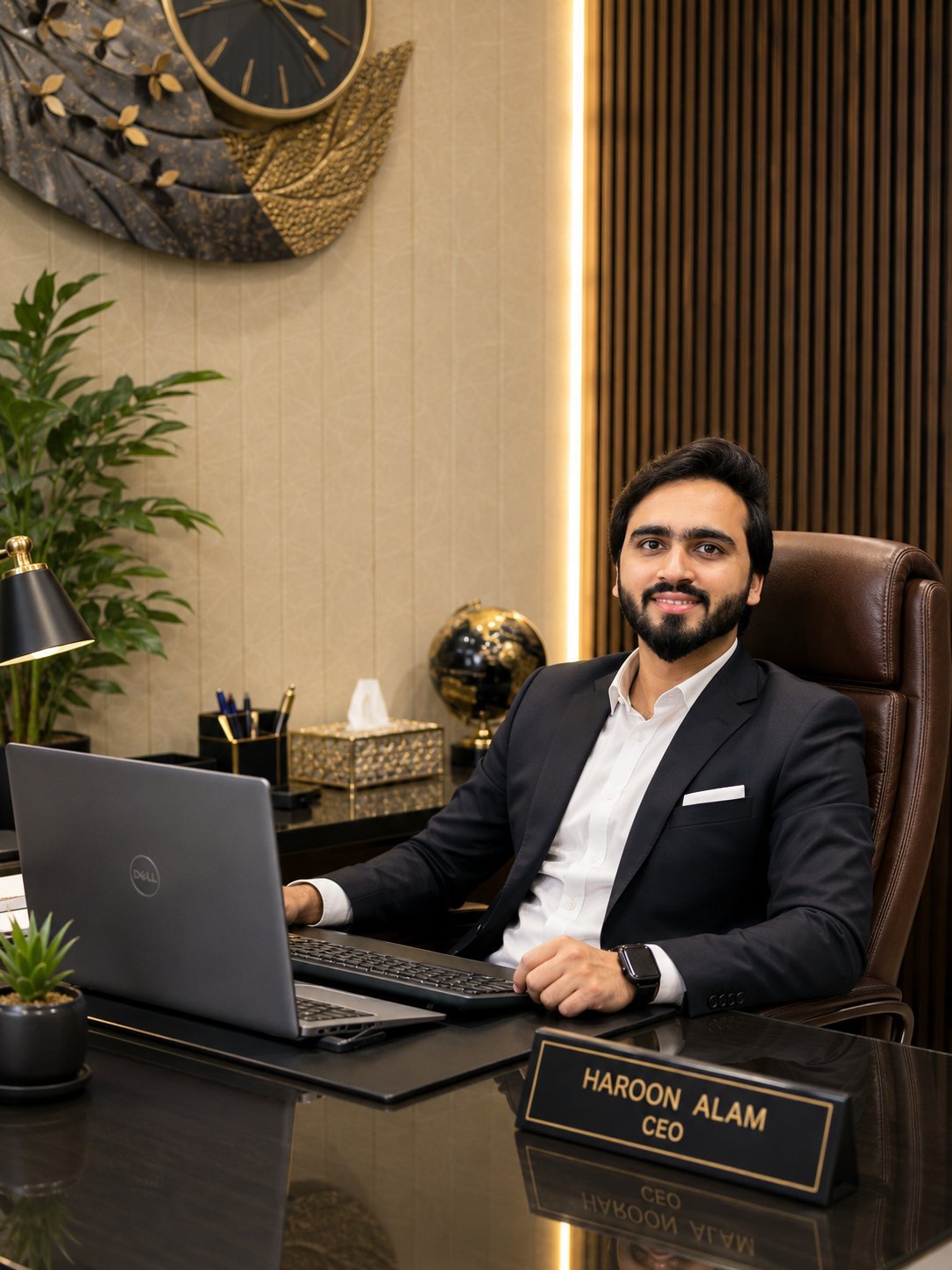 Haroon Alam working at his desk, CEO of Hrawsol